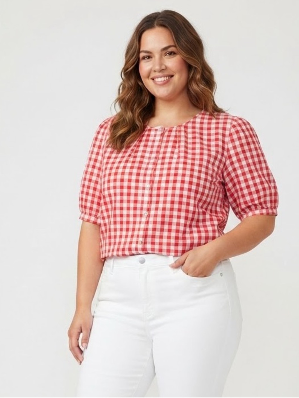 Rose & Olive Red Gingham Puff Sleeve Button-Up Top